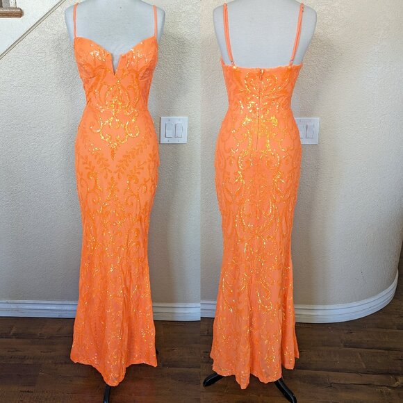 Neon Orange Sequined Formal Prom Homecoming Evening Mermaid Dress 2 - Picture 1 of 4